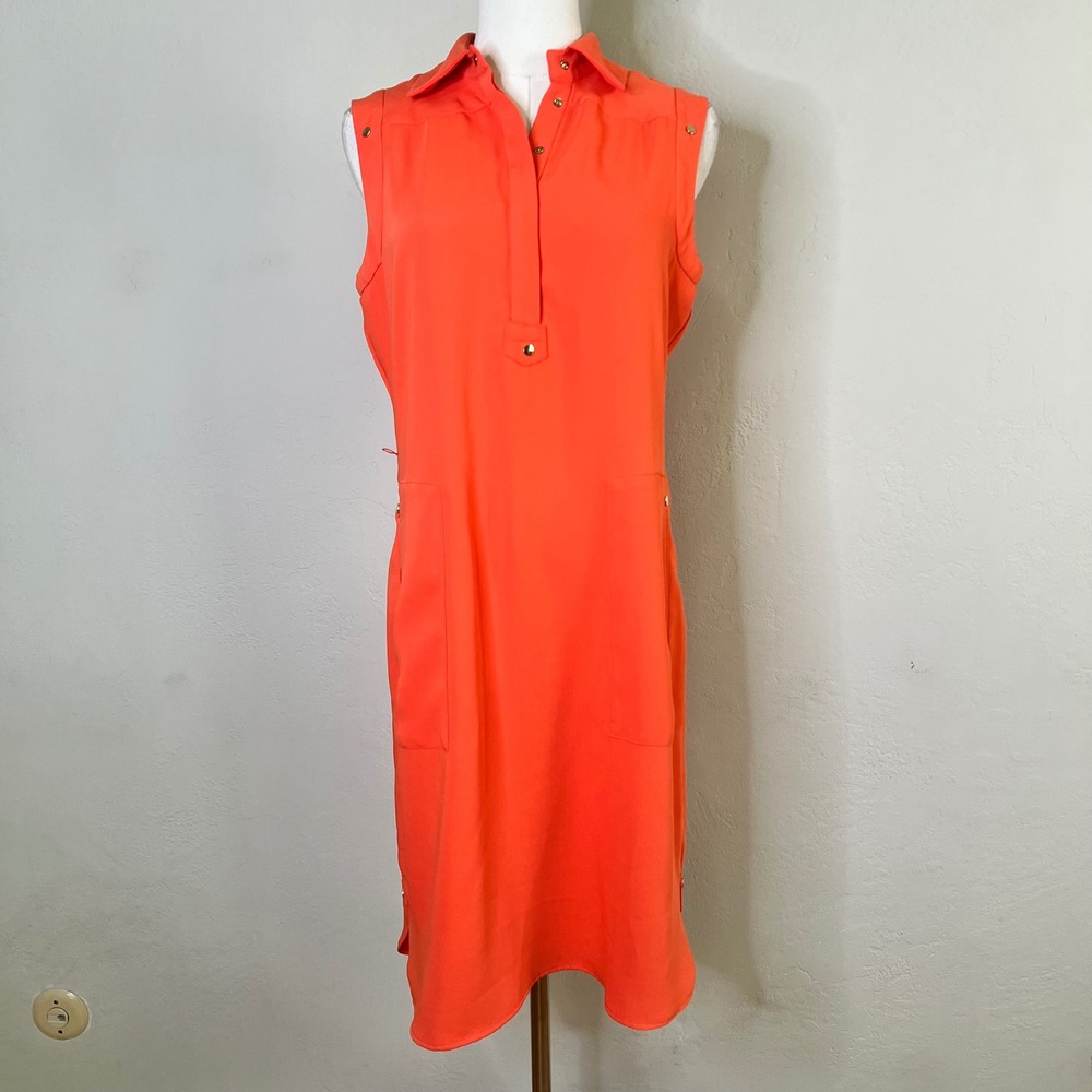 Calvin Klein Dress Sleeveless Shift Women Size 4 Orange Gold Hardware Pockets